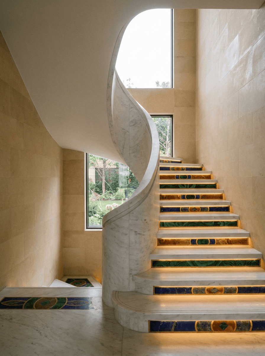 Sculptural marble spiral staircase with gemstone inlays on risers