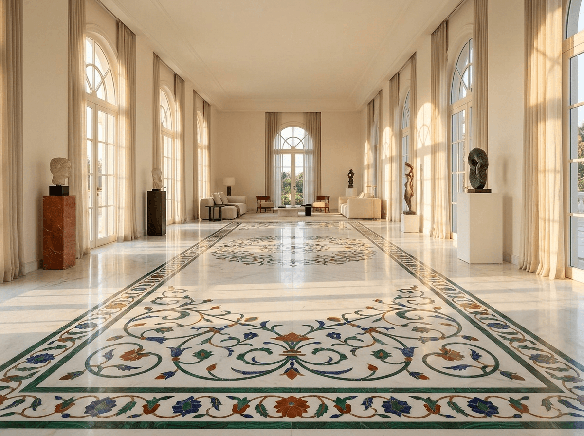 Sprawling Makrana marble palace floor with central Pietra Dura medallion