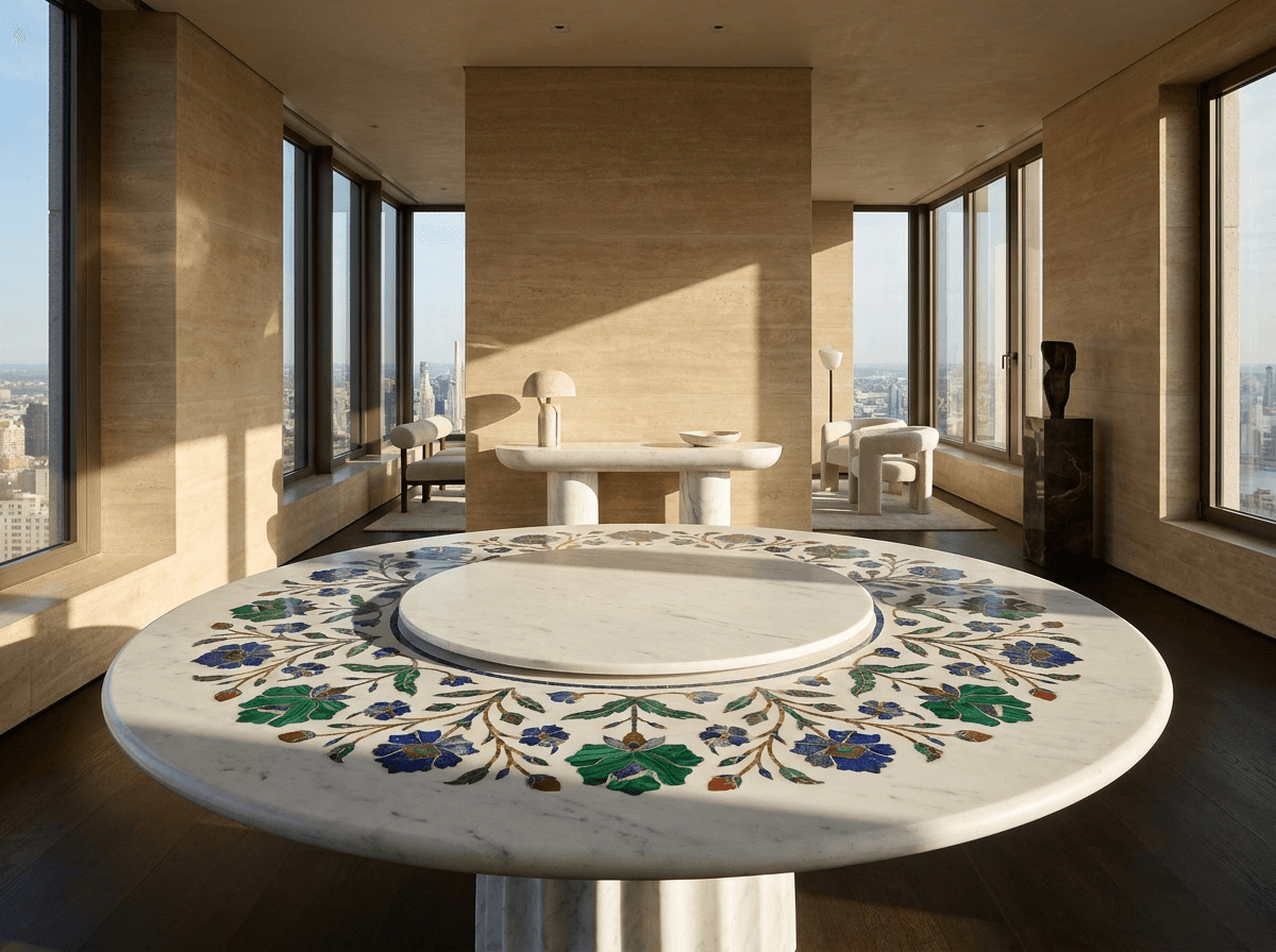Handcrafted round Pietra Dura marble dining table with malachite and lapis inlays