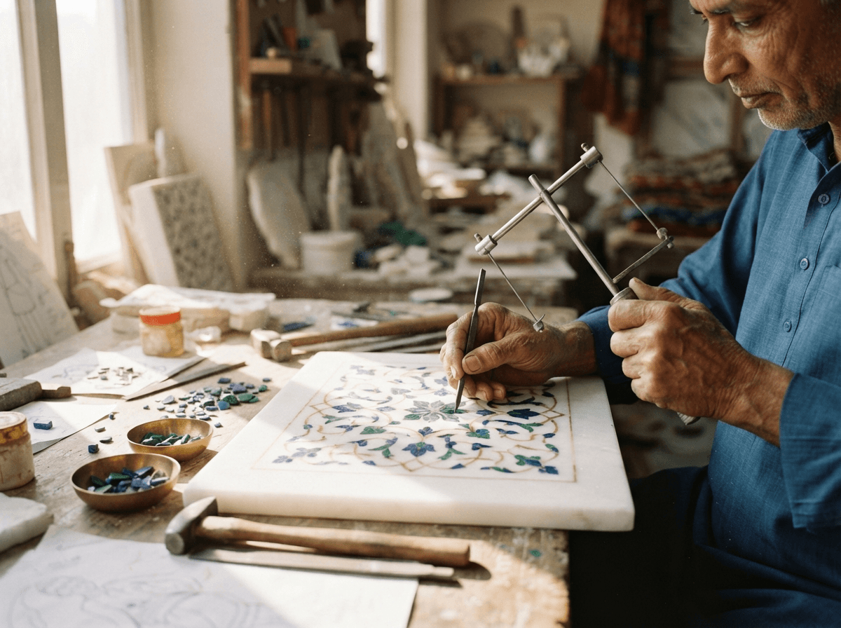 Agra master lapidary artisan hand-carving intricate Pietra Dura marble inlay